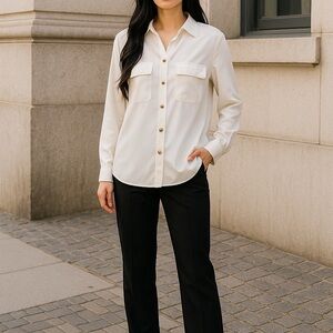 Zara Elegant White Button Down Blouse Silver Buttons Pleats on the Cuffs